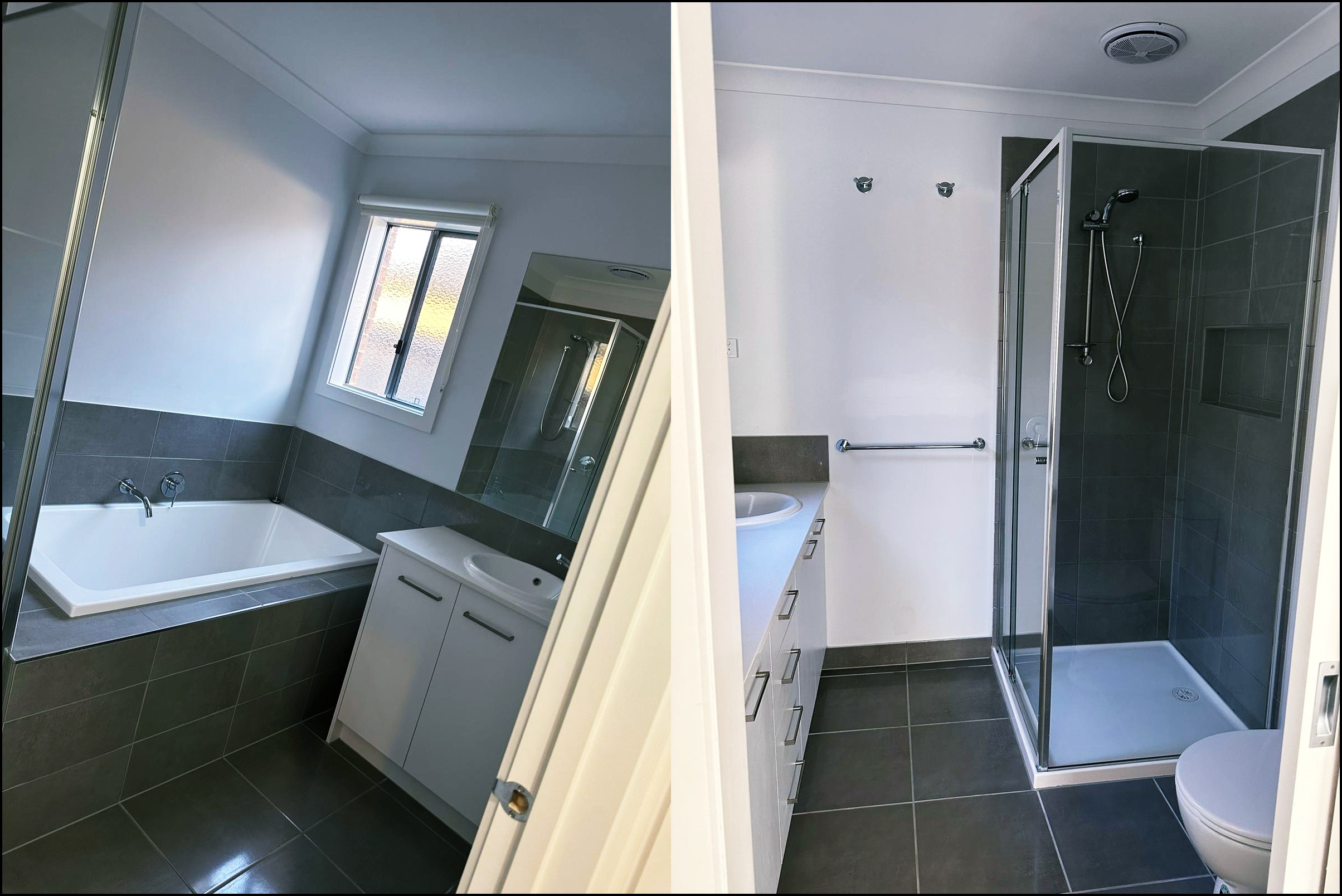 A picture that contains two images. the left side is one side of a bathroom in an ndis house and the right side is the other side of the bathroom