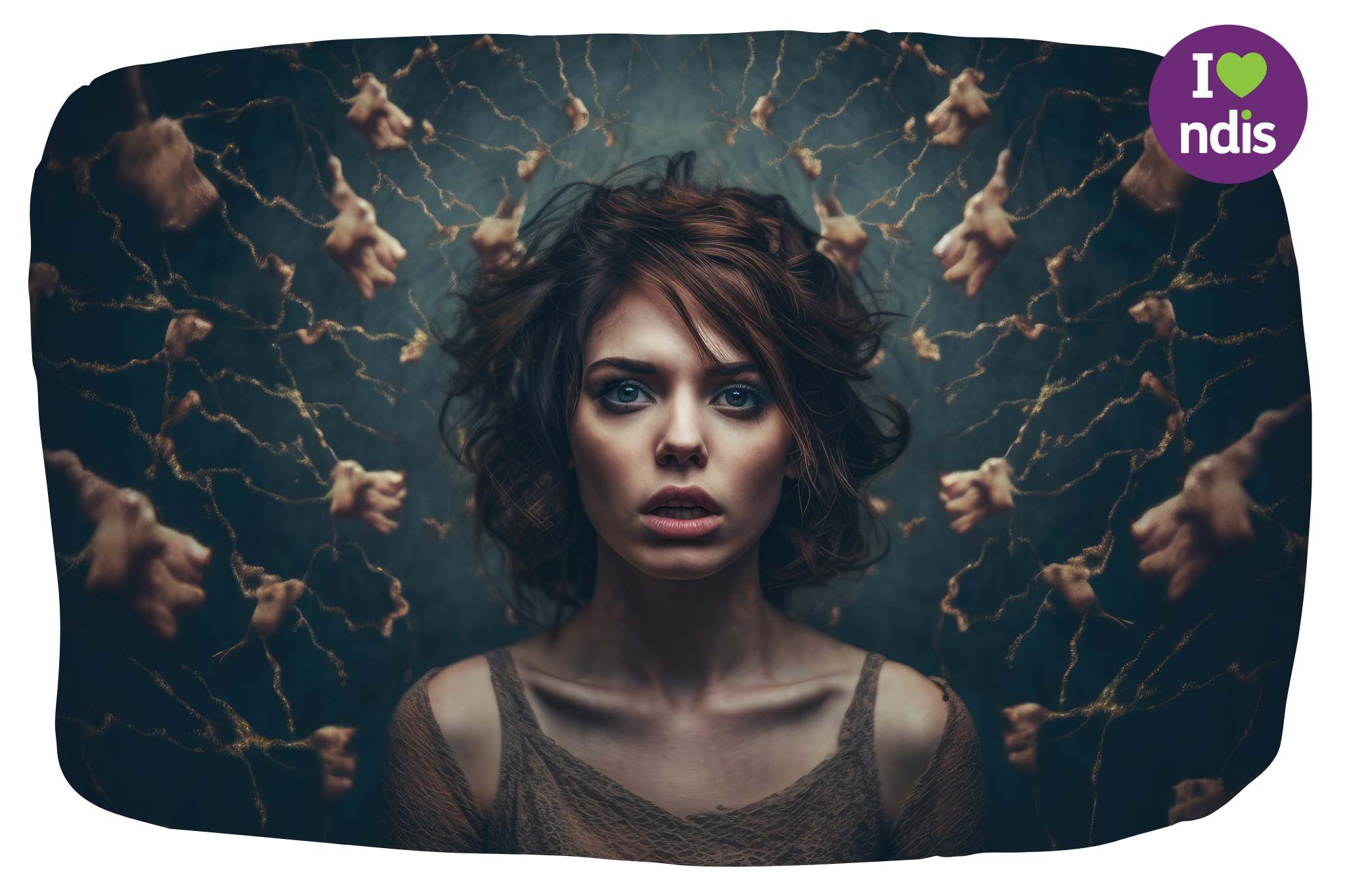 A woman looking scared and worried looking into the camera