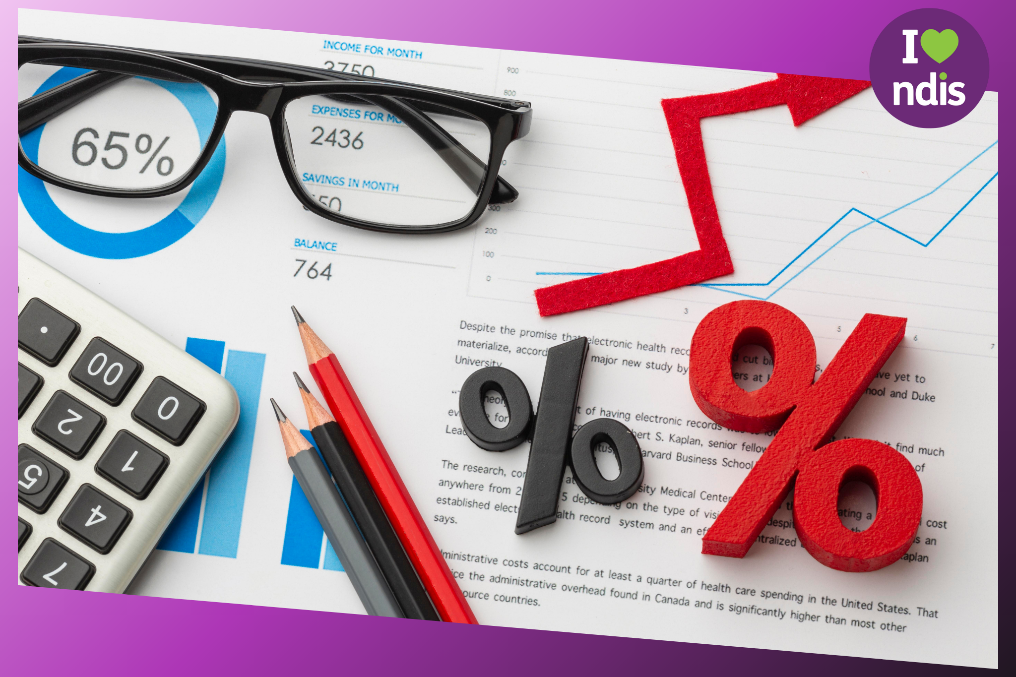 A graphic showing a piece of accounting paper, a percent sign, glasses and a calculator on a table.